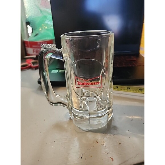 Vintage Budweiser Beer Mug Heavy Glass Stein Red Logo Barware Collectible - Picture 7 of 11